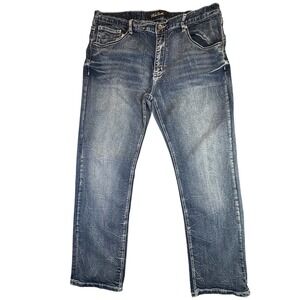 True Luck Men Jeans 36x32 Dark Wash Straight Leg Embroidered Flap Pocket (37x31)